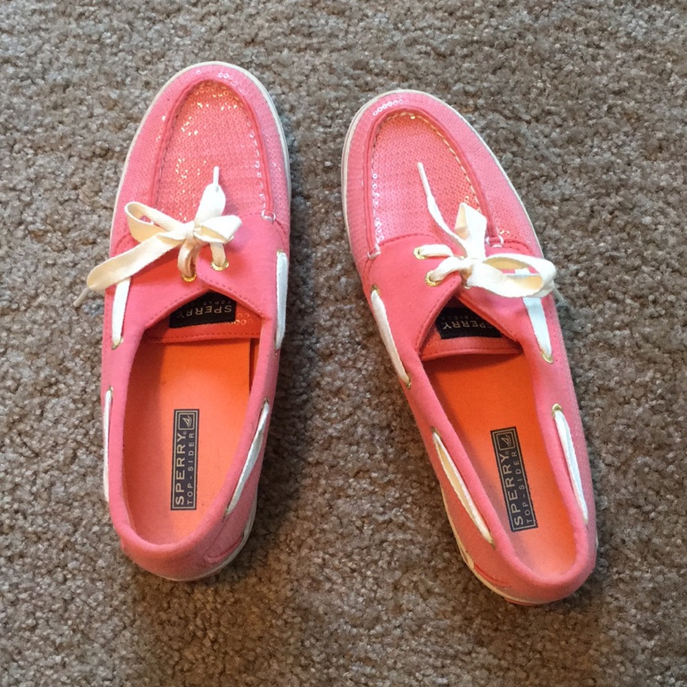 Pink/salmon sequin Sperry boat shoes